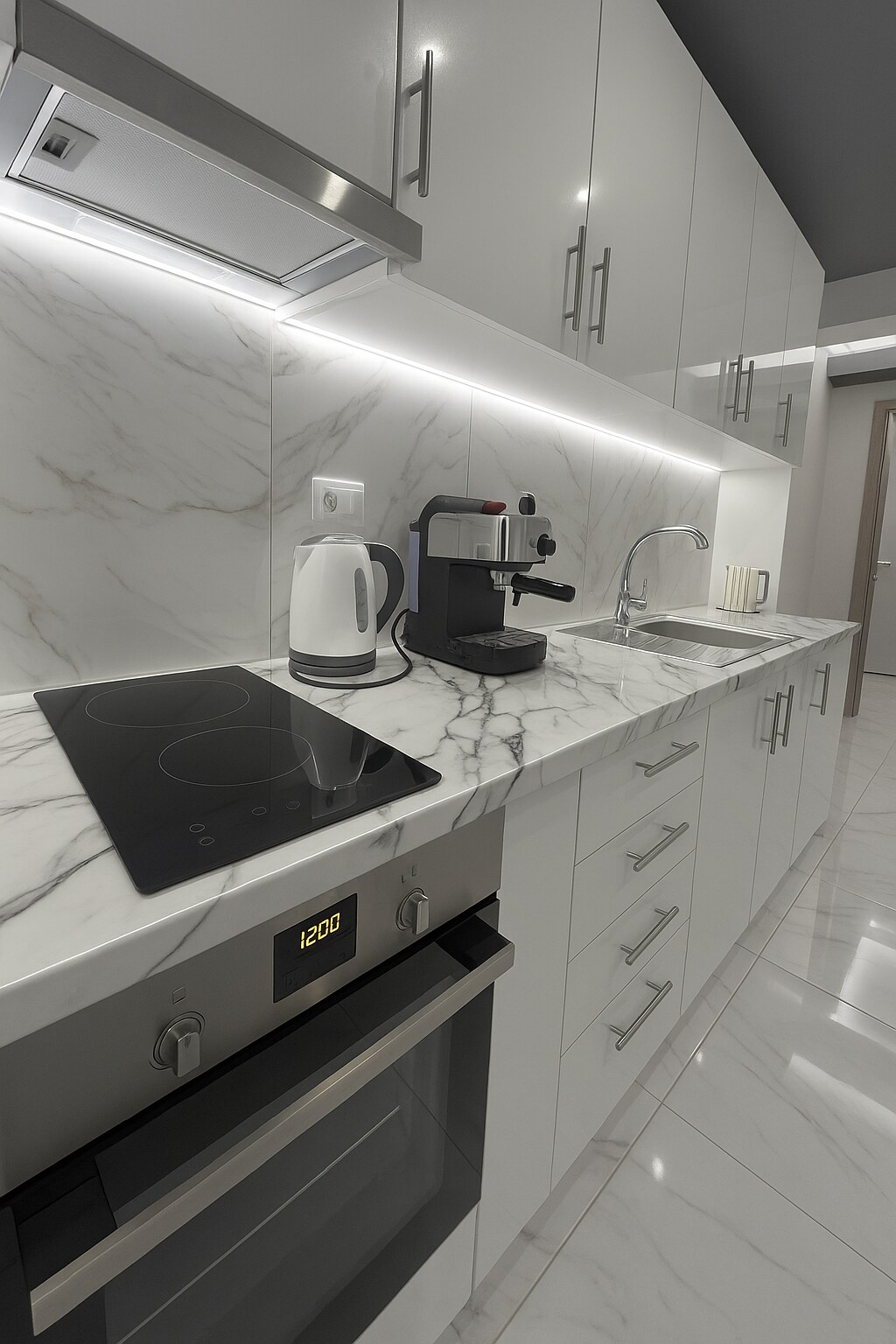 Kitchen countertop with induction cooktop and espresso machine